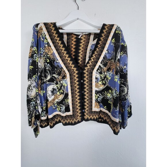 Free people Womens Printed Button-Front Kimono Cardigan Sweater Large Black Boho - Picture 1 of 8